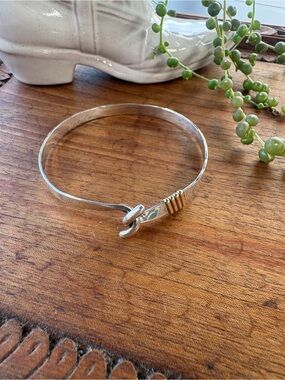 Sterling Silver Mixed Metal Hook Bangle Bracelet Modernist Artisan 2.25”